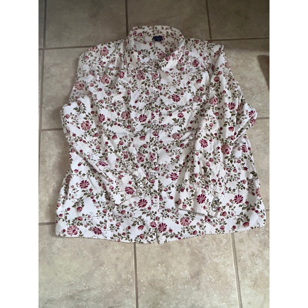 Basic Editions Floral Corduroy Button Down Shirt Cream Pink Plus Size 3X Pockets